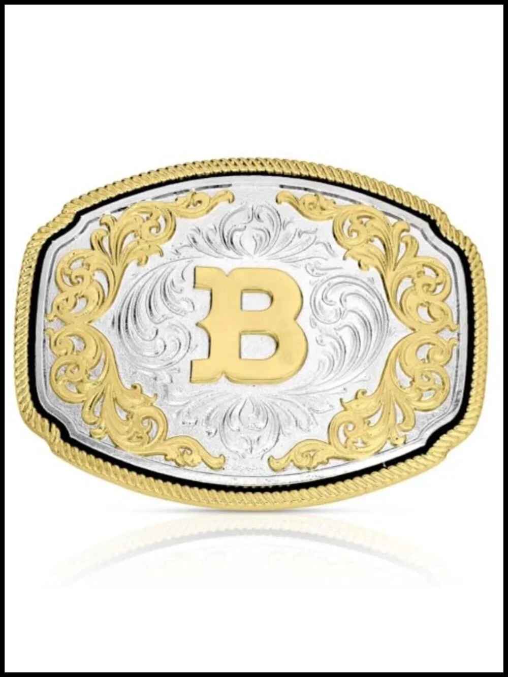 Silver & Gold Tone Engraved Filigree Initial Western Belt Buckle Rope Border